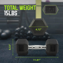 Charger l'image dans la galerie, Rubber Encased Hex Dumbbell, Black, 15 Lb