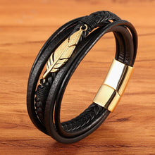 Charger l&#39;image dans la galerie, 💫 JAYCUFF- Bracelet en Cuir Noir, Plume Dorée pour Homme.
